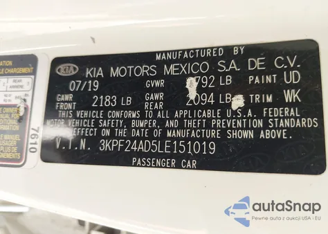 2020 Kia Forte Lxs z USA, uszkodzony, nr VIN 3KPF24AD5LE151019